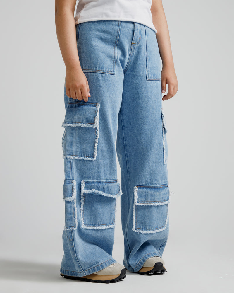 Fringed Denim Wide-Leg Cargo Pants
