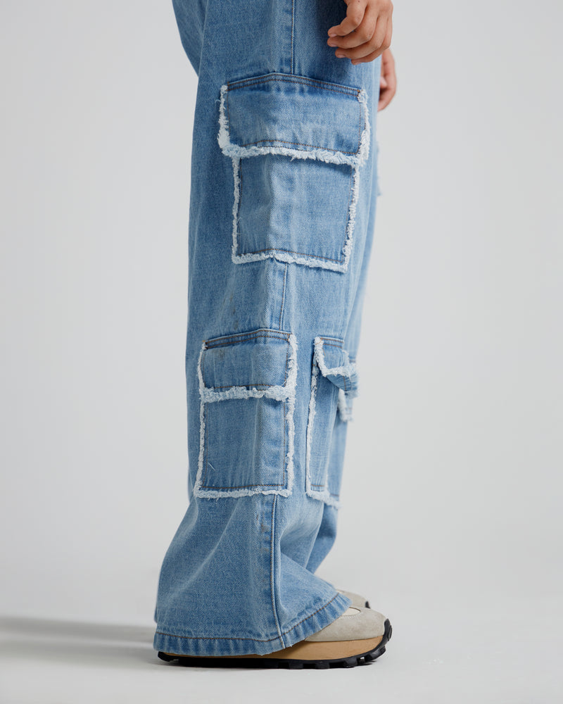 Fringed Denim Wide-Leg Cargo Pants