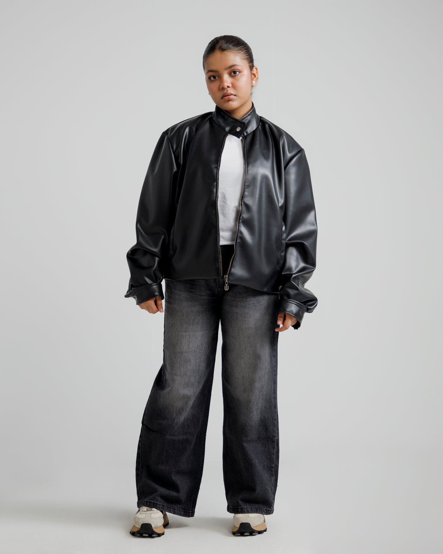 Oversized Faux Leather Bomber Jacket