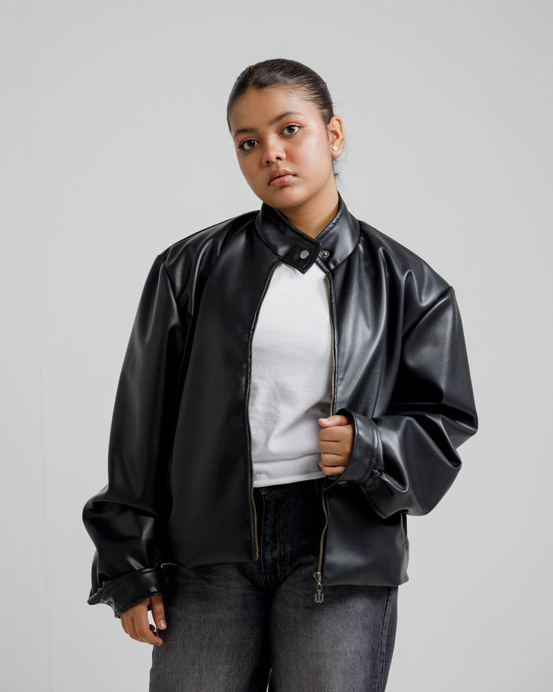 Oversized Faux Leather Bomber Jacket