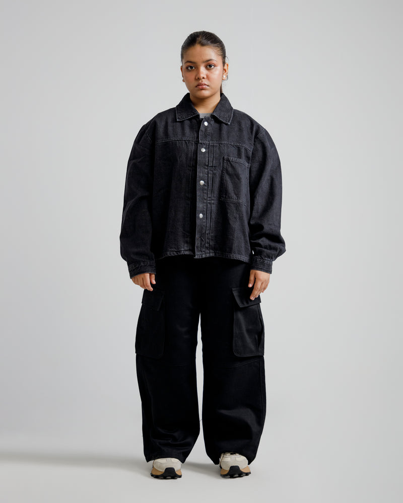 Dark-Wash Cropped Denim Trucker Jacket