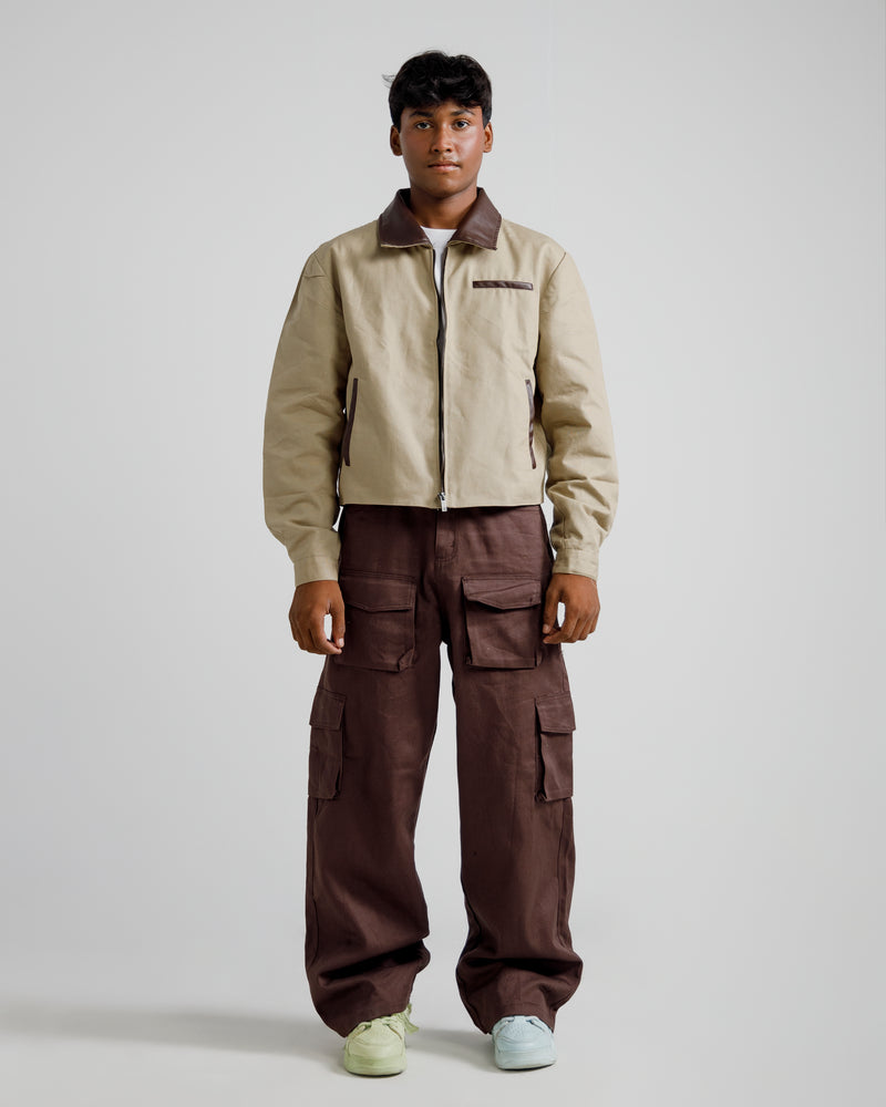 Tan Workwear Jacket with Leather Collar